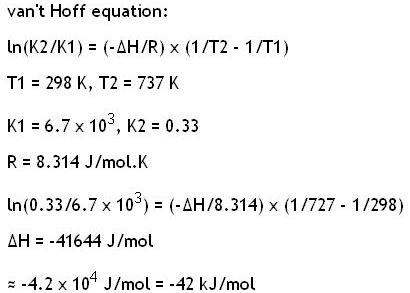vant Hoff equation: ln(K2/K1) (AH/R) x (1/T2 1/T1) T1 = 298 K, T2 = 737 K K1 6.7 x 103, K2 0.33 R = 8.314 J/mol·K In(0.33/6.