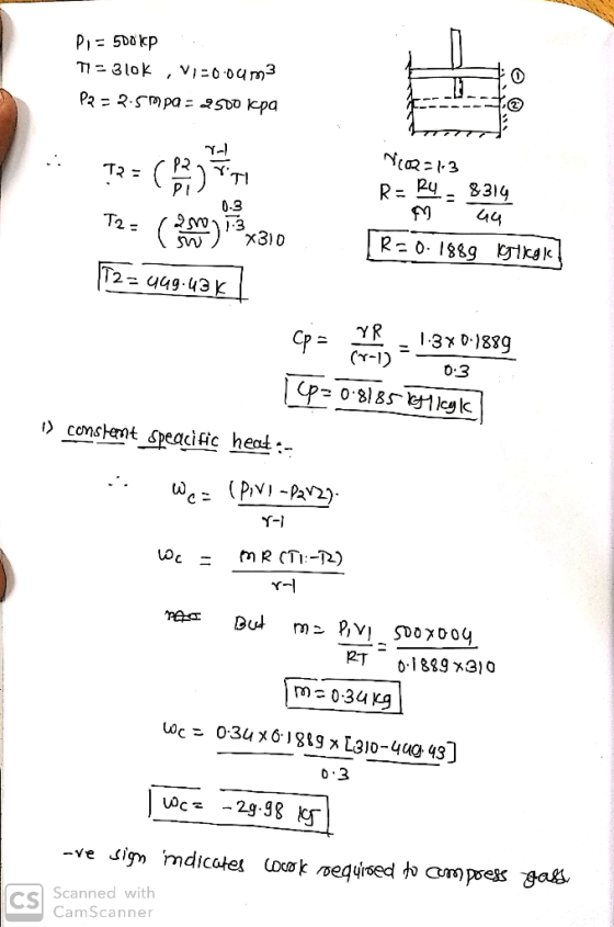 Di = 500 Kcp TI = 310K , VIE004m3 Pa = 2.50 Pa = 2500 kcpa Y T = ( 2 ) N02=13 R = R4 8314 M Gu R-0.1889 Kgikak T2 v X310 T2 -