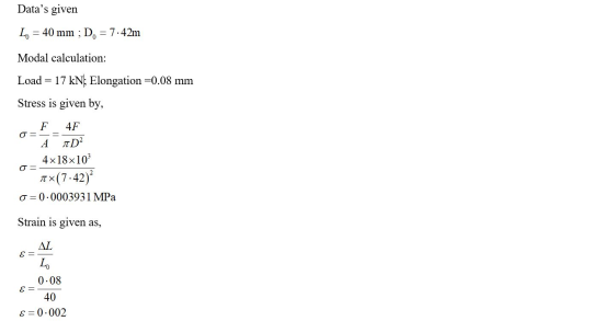 Datas given L. = 40 mm ; D. = 7.42m Modal calculation: Load 17 kN; Elongation =0.08 mm Stress is given by, F O= = 4F #D2 A 4