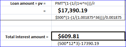 Loan amount = pv = PMT*(1-(1/(1+r^n)}/ $17,390.19 $500*(1-(1/(1.001875436)))/0.001875 Total interest amount = $609.81 (500*12