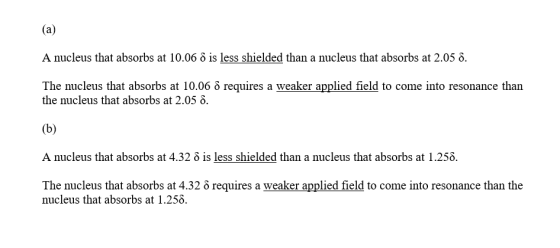 A nucleus that absorbs at 10.06 8 is less shielded than a nucleus that absorbs at 2.05 8. cleus that absorbs the nucleus that
