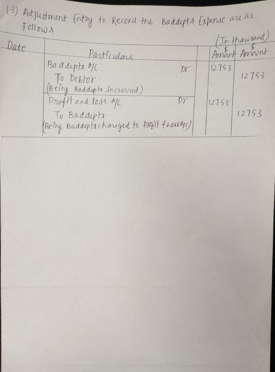 (3) Adjustment Entry to Augustment Entry to record the Baddepts Expense are Follows Date (In thausand) DY Particulars Amant A