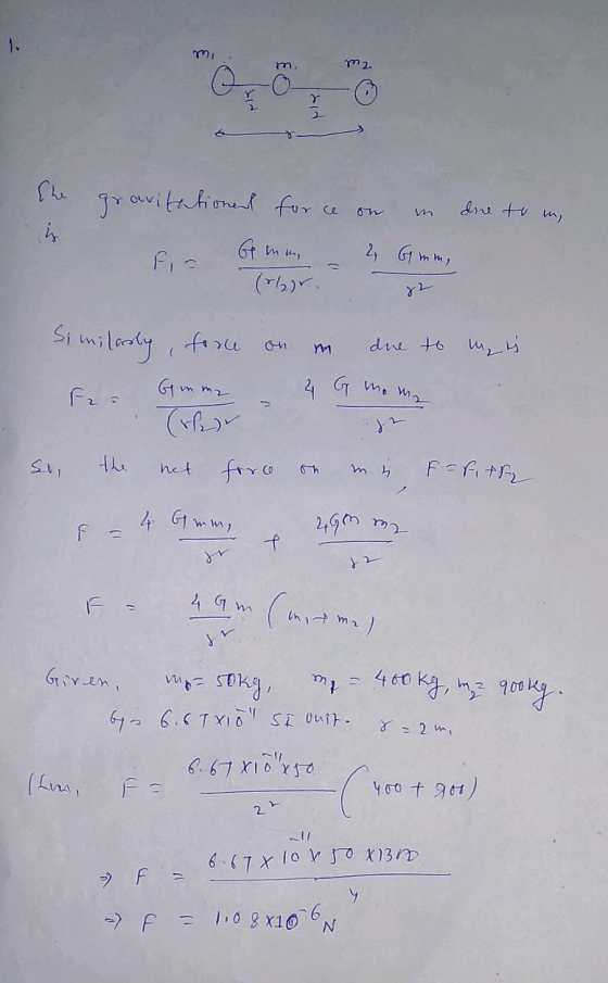 the gravitationed for ce on due to my in G mm, F = 6 mm - 2 ۷ (۲) الا m.is Similarly, force - Gimme on m due to - 4 G mome so