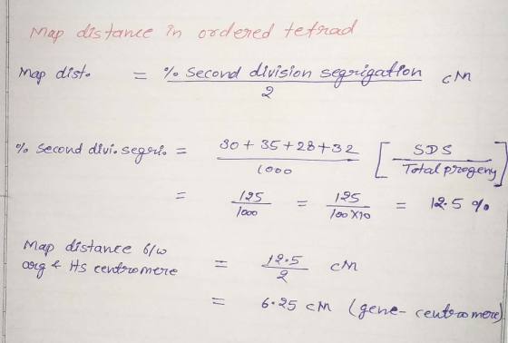 map distance in ordered tetrad map disto = % Second division seqrigation can % Second divi. segris = 30 + 35+28+32 (0oo 2 SDS