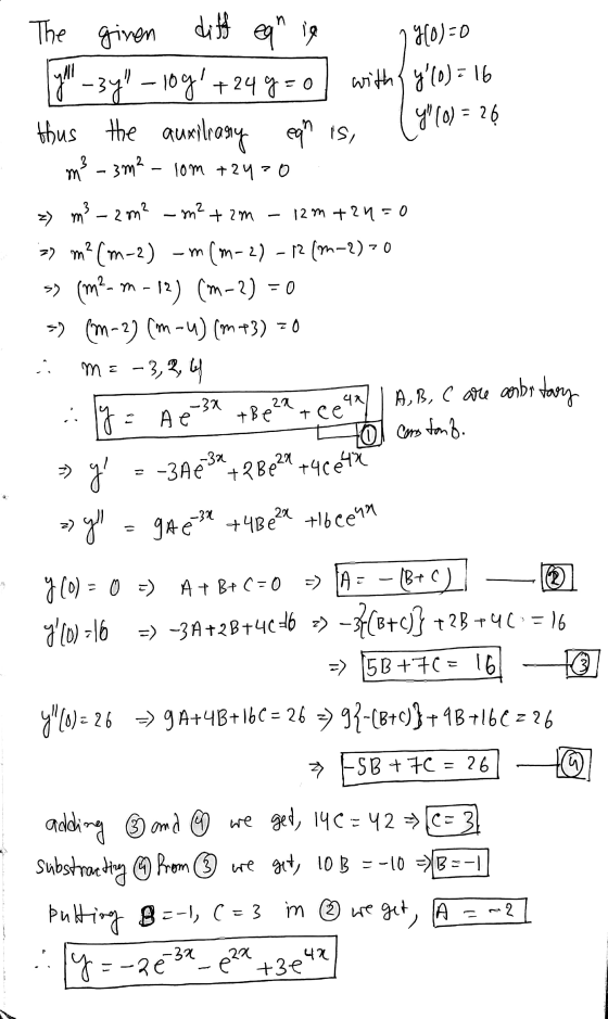 1. Te Aé3+Bela tee to cons fonß. NA The ginen diff eq in 1960)=0 |y-3y - 1091 +249=0 with y(0) = 16 thus the auxiliary ea