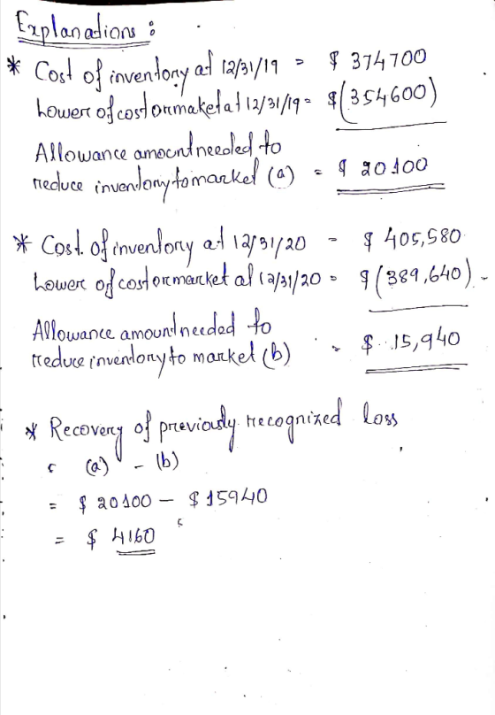 Explanations : * Cost of inventory af 12/31/19 - $ 374700 Lower of costorimaketa: 12/31/19 = $(354600) Allowance amount neede
