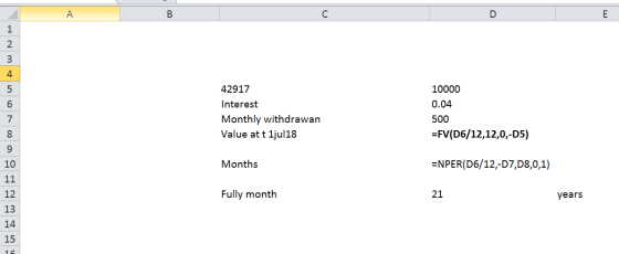 WNE 4. 000 vou 42917 Interest Monthly withdrawan Value at t 1jul18 10000 0.04 500 =FV(D6/12,12,0,-05) 10 Months =NPER(D6/12,-