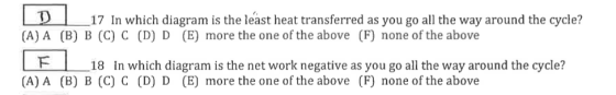 17 In which diagram is the least heat transferred as you go all the way around the cycle? (A) A (B) B (C) C (D) D (E) more the one of the above (F) none of the above F18 In which diagram is the net work negative as you go allthe way around the cydle? (A)A (B) B (C) C (D) D (E) more the one of the above (F) none of the above