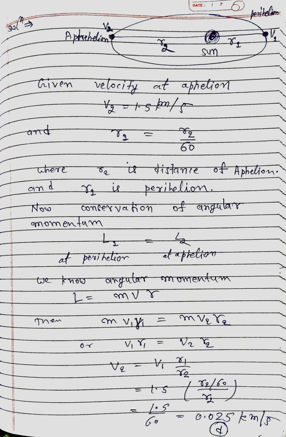DATE: 1 berilalim sat Aptoebelien g SUO riven velocity at aphelion Vq t.5em/ and rg f ra no and V is where it distance of Aph
