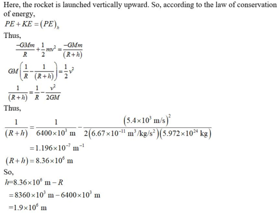 Here, the rocket is launched vertically upward. So, according to the law of conservation of energy, PE + KE =(PE), Thus, -GMm