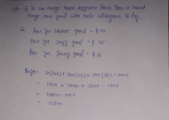 (d, if it can charge three different fices then it should Charge each grouf with their willingne So Price for student group =
