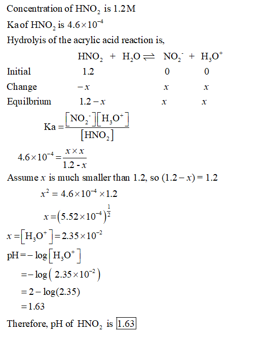Concentration of HNO, is 1.2M Kaof HNO, is 4.6x 104 Hydrolyis of the acrylic acid reaction is, 1.2 Initial Change Equilbriunm