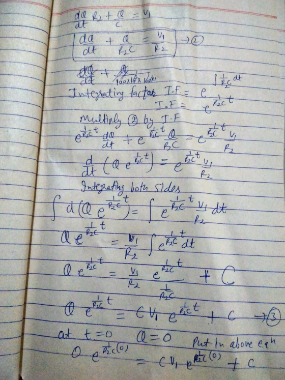 at C 1dQ + Q © at R₂C Integrating factor I.t. = e IF = multiply Q by T.F t F2C it to the fare my felicitate at sides (V tot -