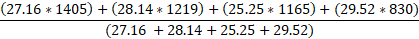 (27.16 * 1405) + (28.14-1219) + (25.25% 1165) + (29.52 * 830) (27.16 + 28.14 + 25.25 29.52)
