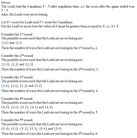 Given The Leafs tied the Canadians 5 - 5 after regulation time, i.e. the score 5 5 Also, the Leafs were never losing after th