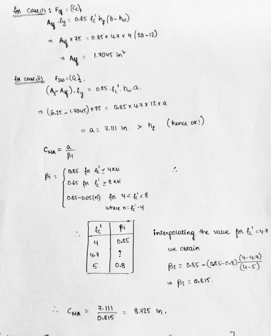 for case (i) : Fsf = (CC), Ay fy: 0.85 te he (b-bw) Ay * 75 = 0.85* 4.7 x 4 ( 20 -12) 1.7045 in Aff for coue 2 (As-Af) fy Fsw