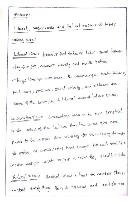 AnSwer Liberal conser Vatie and Yadical eriews af laboy Onions are Liberal view: : beraly tend to favoy labor Onions belause