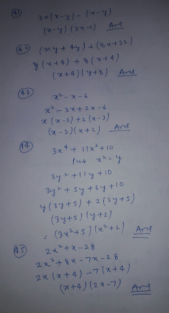 (40 © 3 x(x-4)-(n-y) (x-4) (3x-1) Are (ny + 4y) + (8 x +32) g(x+4) + 8(2+4) (x+4) 14+8) Ares (43) (14 x²-x-6 x²-3x+2a-6 x(x-3