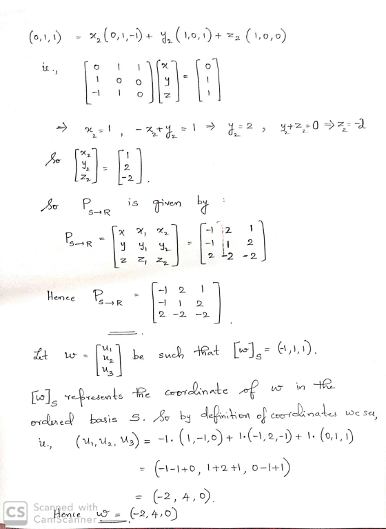 (0,1,1) = *(0,1,-1) + yo (1,0,1) + 22 (1,0,0) ie, so I 11787 r07 =, -x+y = 1 + y = 2, 4+2=0 > =2 02 so Por is given by : SYR