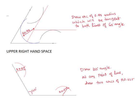 Praw arL 0.8 yadius which wil to bothlina Go ang le be tamgent Ro.8 UPPER RIGHT HAND SPACE RO.625 Dreaw 20 amgle. At any Pain