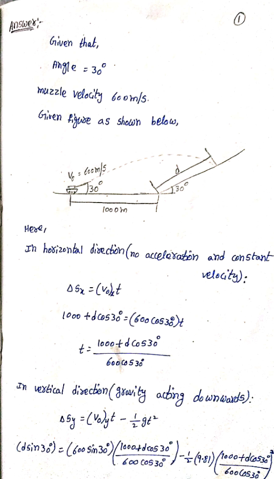 Answer- Given that, Angle = 30° muzzle velocity 6o om/s. Griven figuse as shown below, 130° 1300 100om Неse, Ih hodizontal d