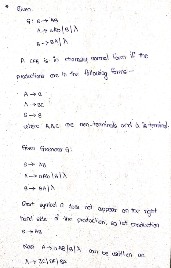 * Given Gis+ AB А-7 aAь | | BY BAIX A CFG is in chomsky normal form if the productions are in the following forms – . Ata A →