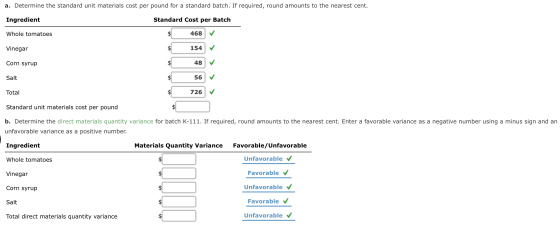 a. Determine the standard unit materials cost per pound for a standard batch. If required, round amounts to the nearest cent.