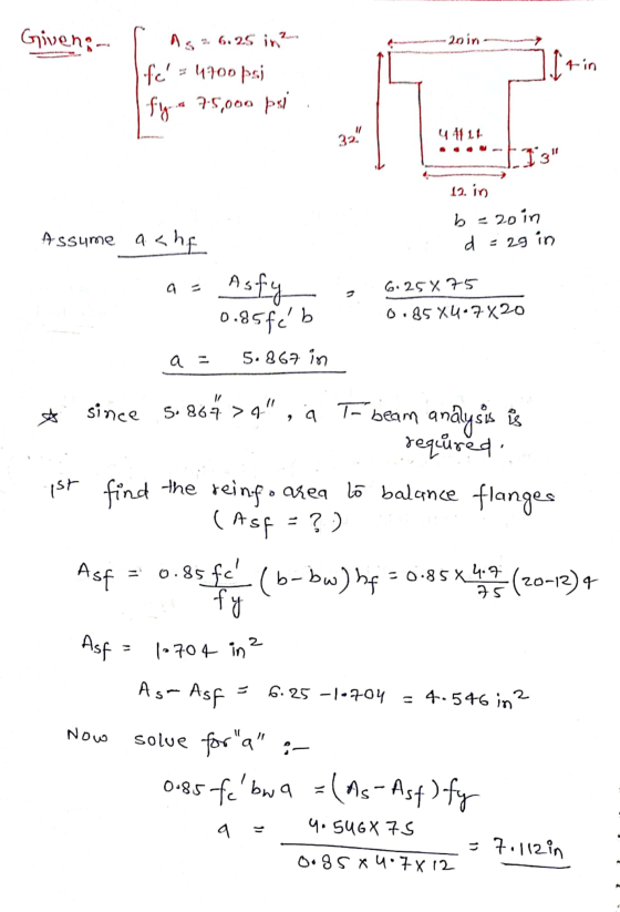 Given; 2. 20 in As 2 6.25 in? fé 4900 psi 1.Irin fy. 75,000 psi I/ 32 4 4111 f 13 12. in) Assume a <he b = 20 in d = 2g in