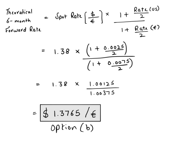- Theoratical so t. 6-month - Spot Rate ( $ * It Rafecus) Forward Rate I+ Rate (e) = 1.38 x (1 +0.0025) (1+ 0.0075) + 0.0025