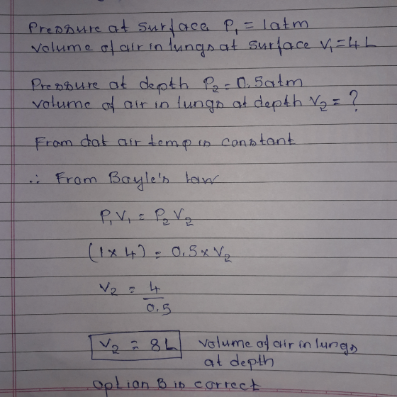 PreDaure at surface P = latm Volume of airin lungs at sSurface 4h Pressure at depth P₂-05 atm volume of air in lungs at depth