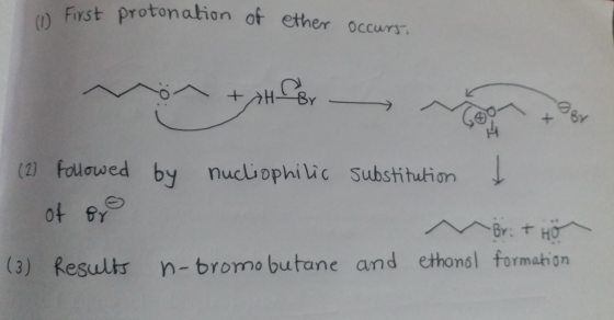 First protonation of ether occurs. ön + H Br - By (2) followed by nucliophilic substitution at of o n Brittoor ethanol format