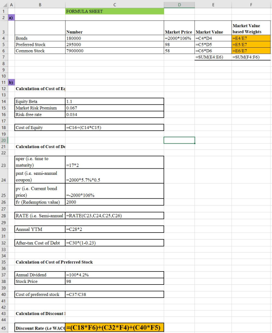 B D ДА 1 FORMULA SHEET 2 Bonds Preferred Stock Common Stock Number 180000 295000 7900000 Market Price Market Value =2000*106%