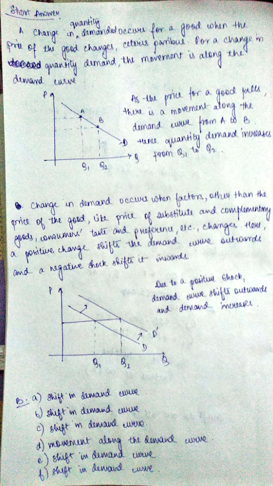 quantity Short Anawen A Change in a demanded occues for a good when the pole of the good changes, cetvis paribus for a change