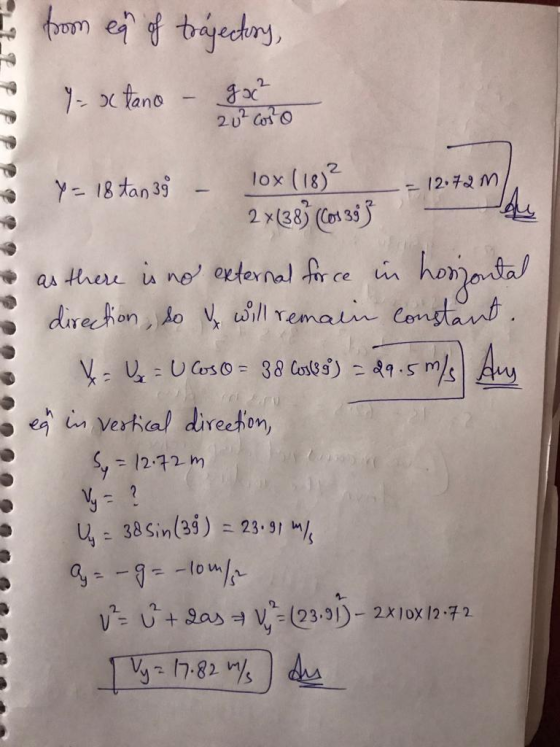 I from ea of trajectory, 1-se tano - Buite 20² caso 3 Y = 18 tan 39 - 10x (18)² = 12.72 m/ 2 x(38) (Cos 33 as there is no ext