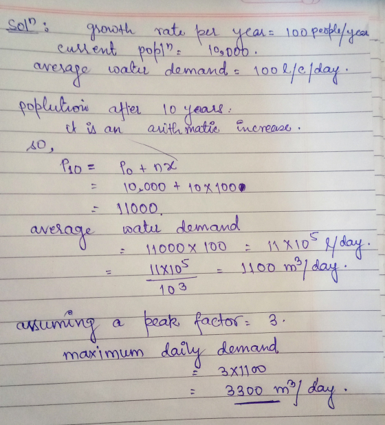 Solli growth rate per year: 100 people year current pople 109006 average water demands 100 e/e/day. poplution after 10 years: