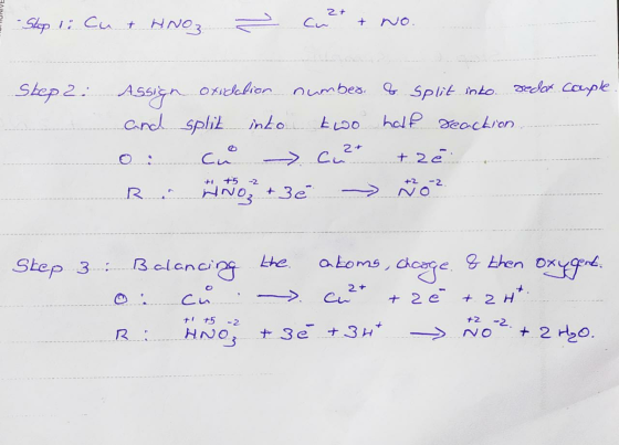 2+ - Step 1: Cu + HNO3 ~ Cu + Step 2 Assign oxidation number. number of split into. sedot couple and split into two half reac