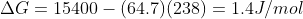 \Delta G = 15400 - (64.7)(238) = 1.4 J/mol