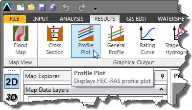 WATERSHE FILE RESULTS INPUT ANALYSIS GIS EDIT Stage Hydrogr Cross Flood Profile General Rating Map Section Plot Profile Curve