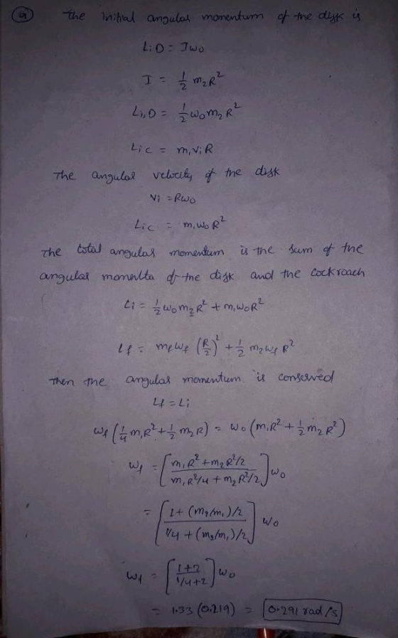 The Initial angular momentum of the dyk is Lo I wo I = /2 m₂ R² L0 = Womy R² The Lic= mvir angula velocity of V =Rwo the disk