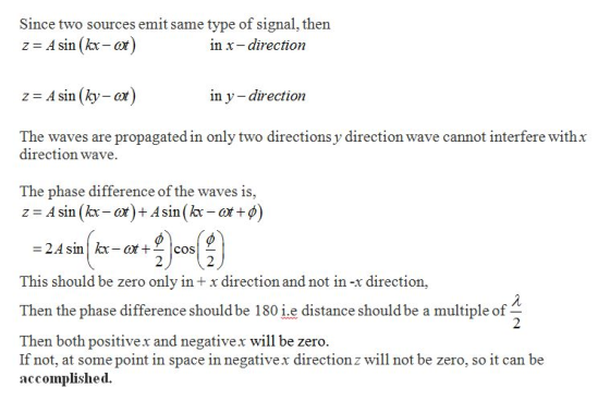 Since two sources emit same type of signal, then z = A sin (kx-or) z = Asin (ky-ar) The waves are propagated in only two dire