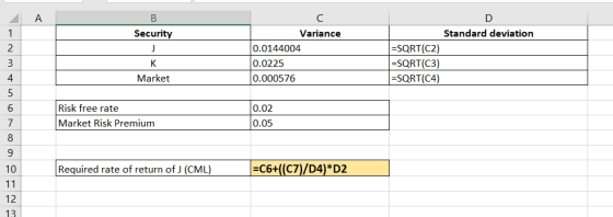Security Nm 7 C Variance 0.0144004 0.0225 0.000576 Standard deviation =SQRT(C2) | =SQRT(C3) =SQRT(C4) Market Risk free rate M