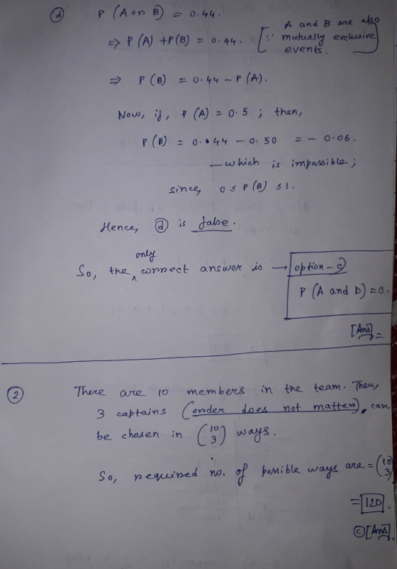 (2) P (A on B) 0.44 A and B are aao ? P (A) +P (B) 0.44. events ヲ P (B) = o, 44 ← P (A) Nour, 항, 꾸(A)=0.5 ; then, _ w hich He