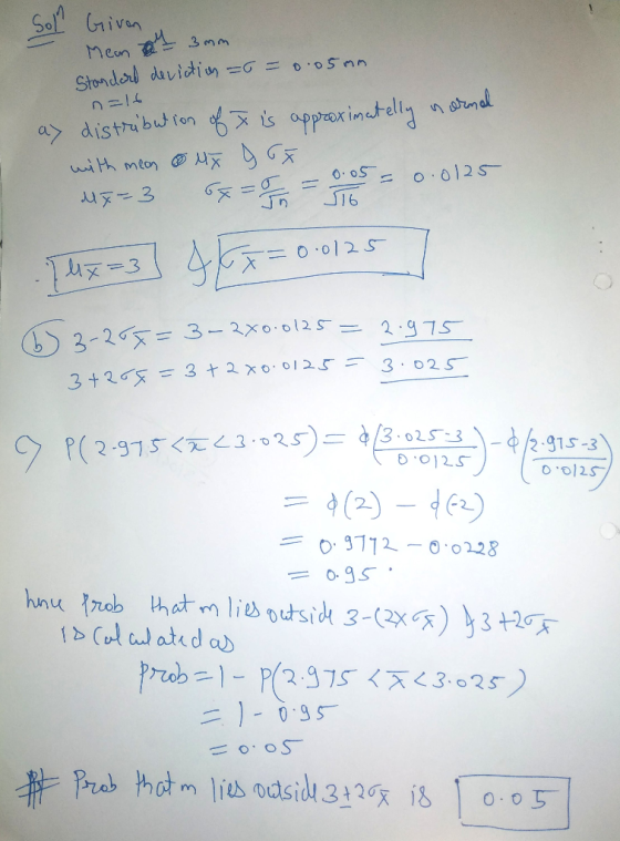Soll Given Meant 3mm Standard deviation=6 = 0.05mm a> distribution of I is approximatelly normal with men ly got 17= 3 6x=3 =
