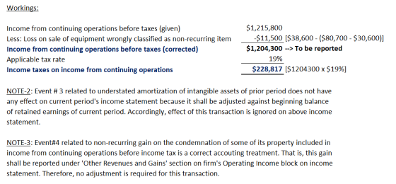 Workings: Income from continuing operations before taxes (given) Less: Loss on sale of equipment wrongly classified as non-re