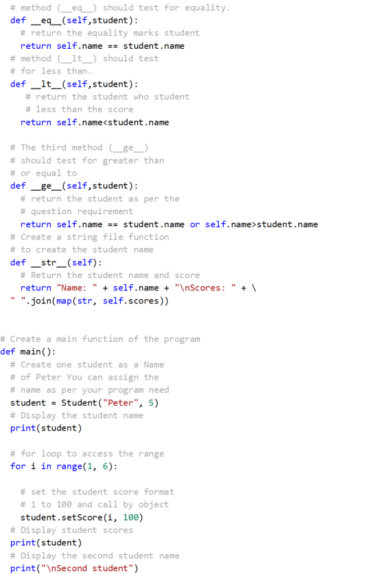 # method (eq) should test for equality. def_eq__(self, student): # return the equality marks student return self.name == stud