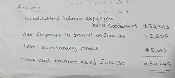 Answer unadjusted balance asper the bänk statement $53,343 Add: Deposits in transit on June 30 $2,585 less: outstanding check