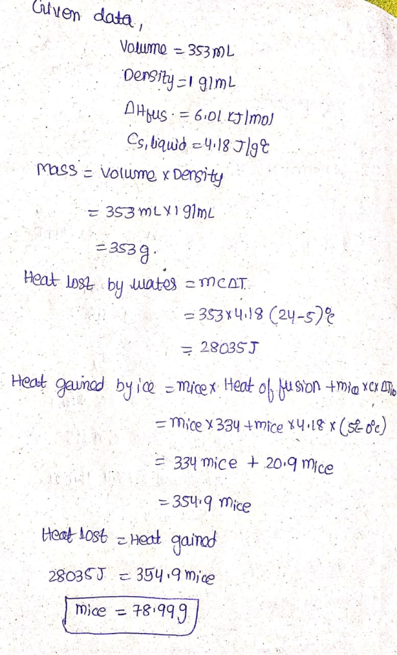 Crivon data, Volume - 353m2 Density = 1 91ml Dhjes: = 6.01 kJ/mol Cs, liqwd 2.4.181192 Mass - Volume x Density = 353 ML X 1 9