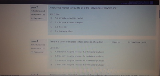 A horizontal merger can lead to all of the following except which one? Question 7 Not yet answered Points out of 1,00 P Flag