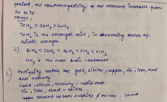 period, the electronegativity of the elements increases from In to te Hence, Te H₂> SbH₂> Sntly haght i Te He is the stronges
