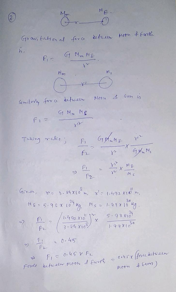 Gravitational force between roon & Earth F G Mm MG 2 Ms Mm . for a between Similarly Moon & Sun is G Mm MG Taking radio; & Ge